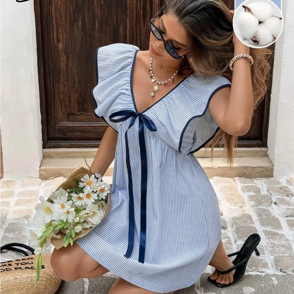 Serisse Cotton Light Blue Striped V-Neck Ribbon Tie Mini Dress L 8/10 - Picture 4 of 4